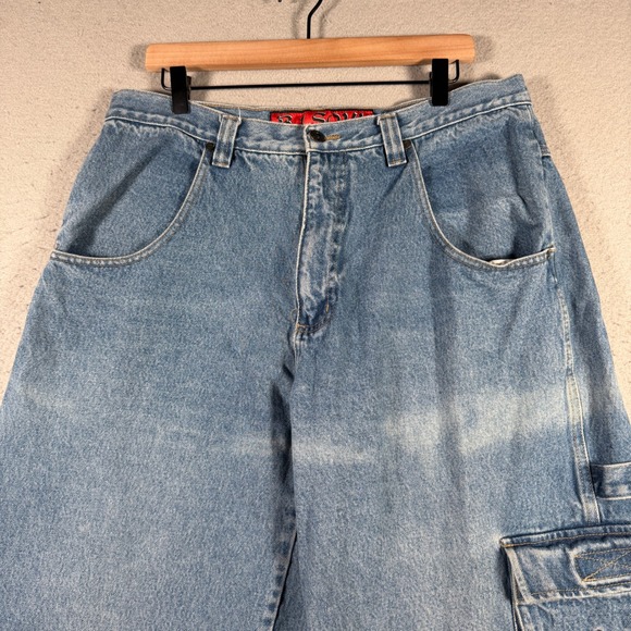 B One Soul Vintage‎ Baggy Cargo Jeans Light Wash Embroidered Dragon 36x32 Mens - Picture 3 of 13